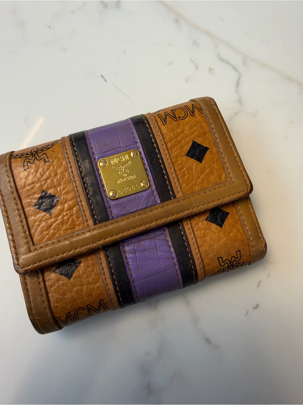 MCM Cognac Leather Wallet with Purple Center Stripe